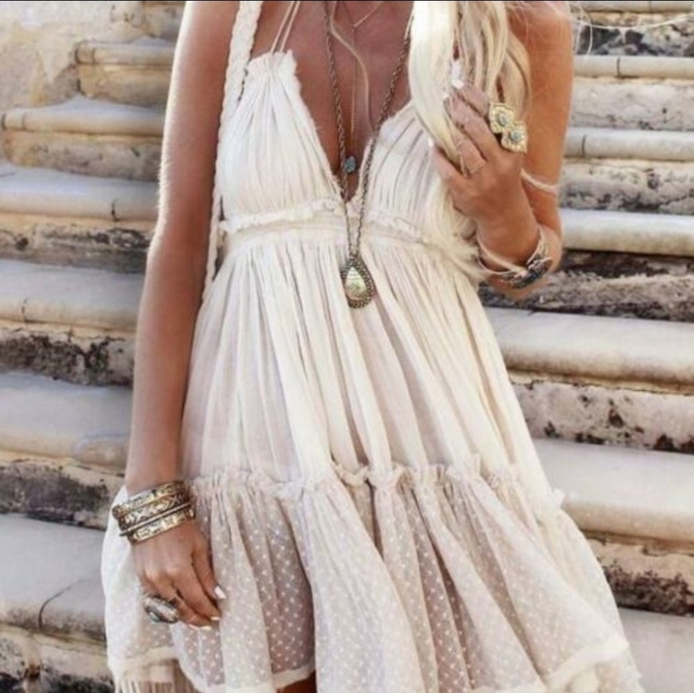 NEW Plunge Halter Dot Ruffle Mini Sundress Summer Off White Cream Ivory - Picture 7 of 12